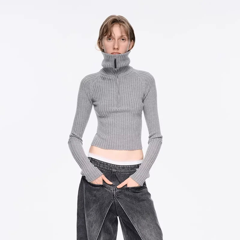 RARELY ALIKE Women's Half-Zip Wool Ribbed Knit Turtleneck Sweater