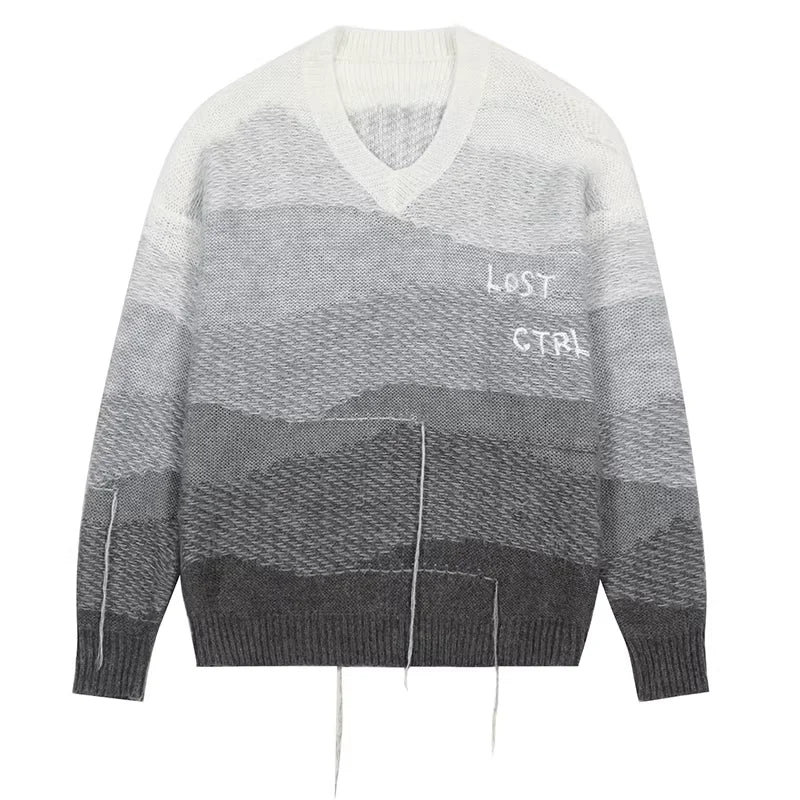 LOSTCTRL Unisex Gradient V-Neck Knit Sweater with Fringe Detail