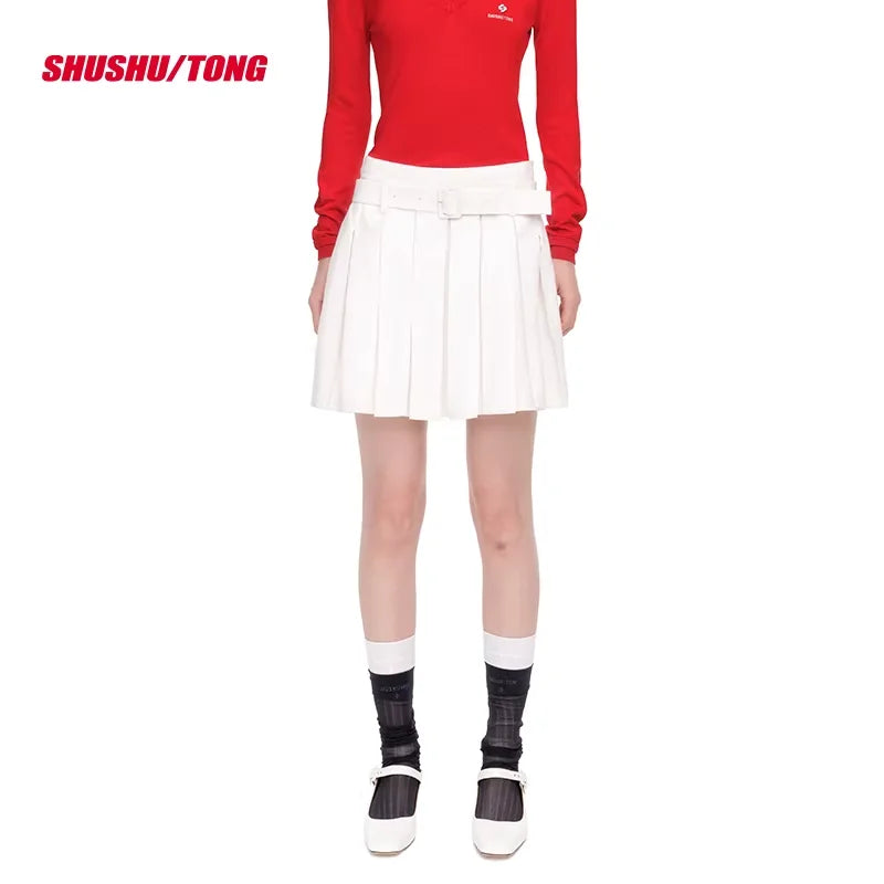 shushutong High-Waisted Pleated A-Line Mini Skirt with Belt