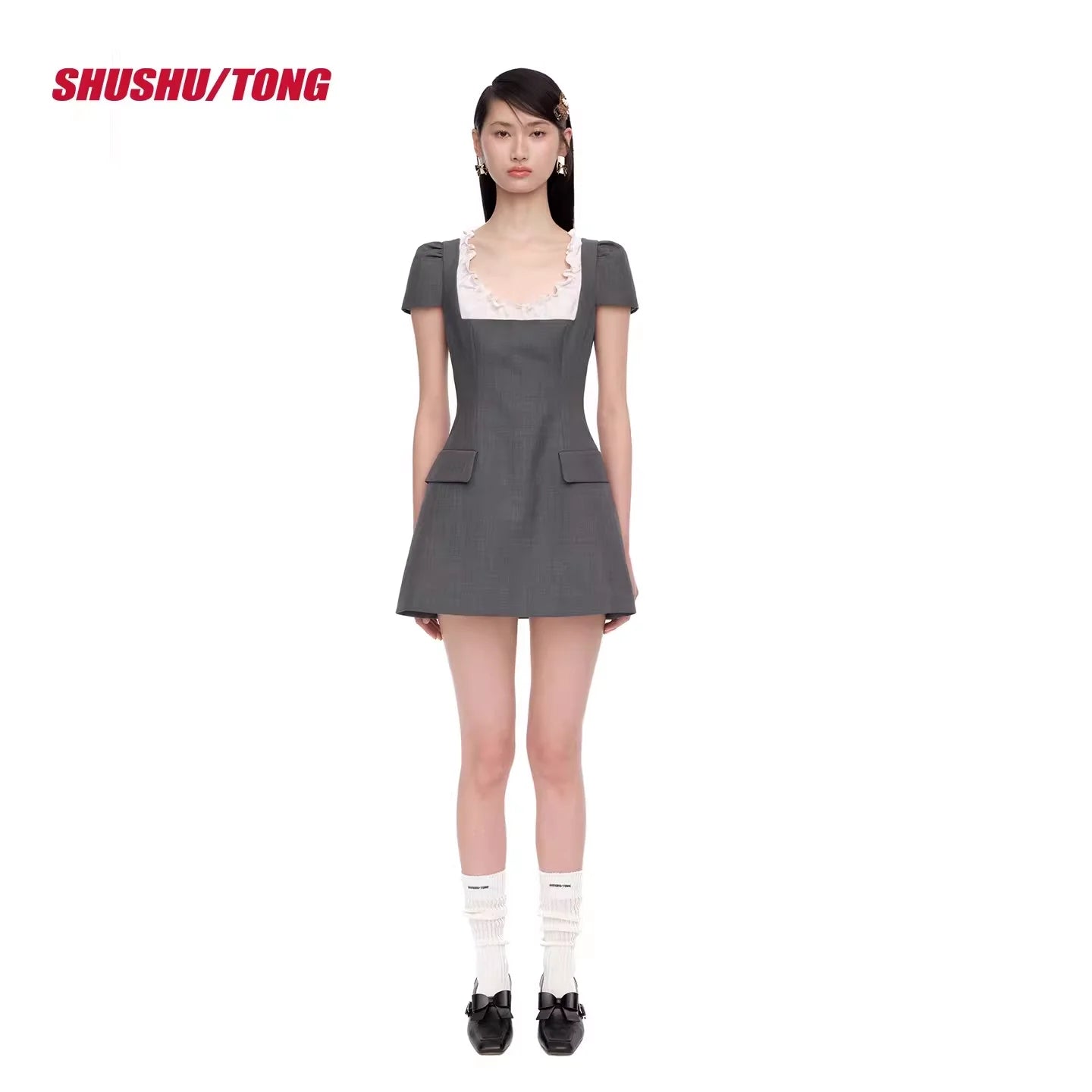 shushutong 2025 Winter Women's Ruffled Puff Sleeve Mini Dress