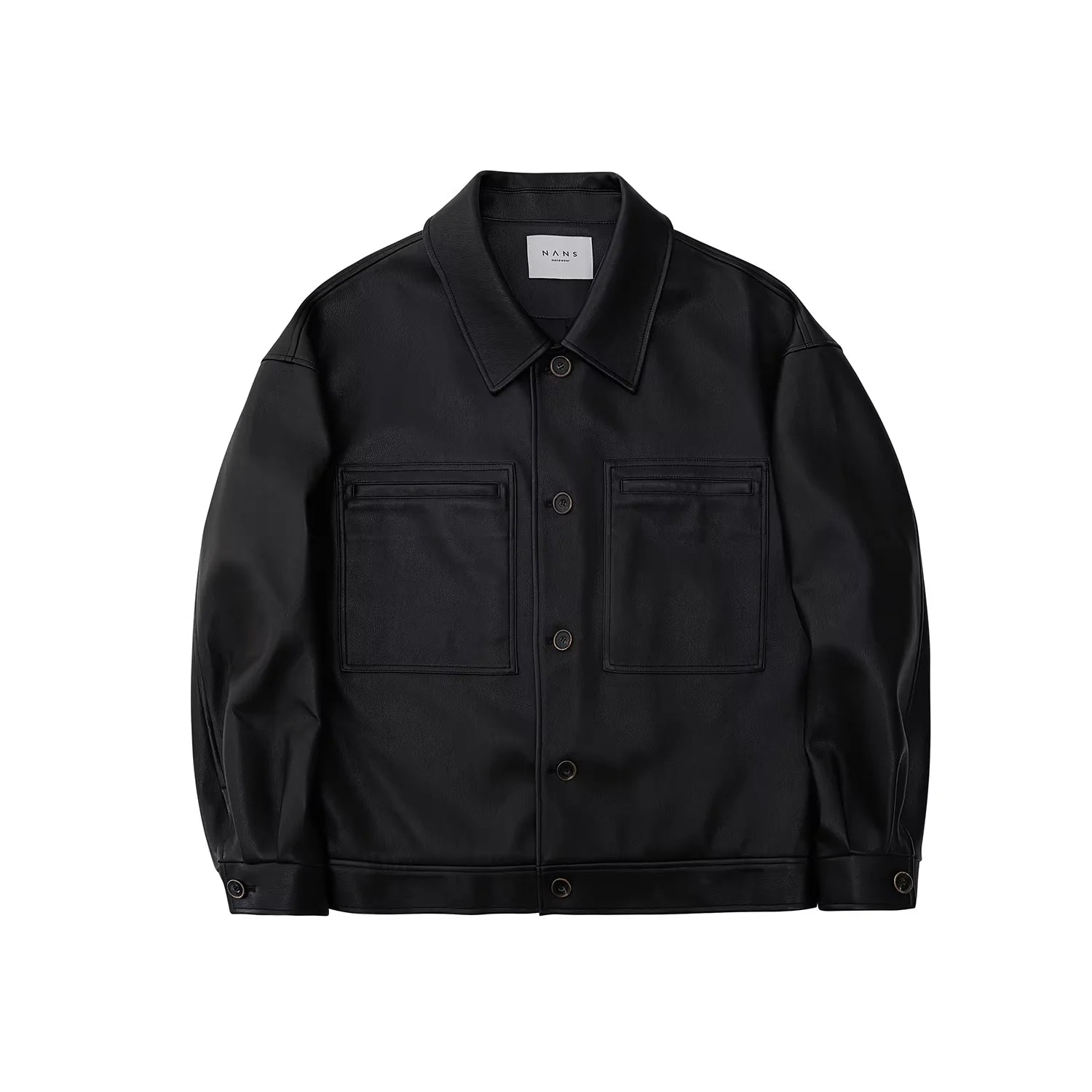 NANS Menswear Men's Oversized Faux Leather Jacket with Pocket and Square Collar