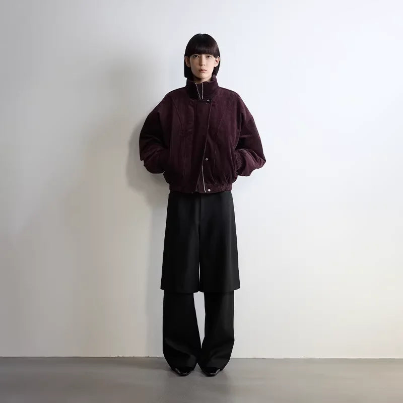 RandomPiece Women's Corduroy Stand Collar Short Down Jacket