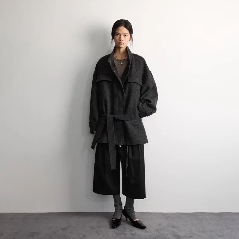 RandomPiece Wool Blend Contrast Collar Tweed Short Coat