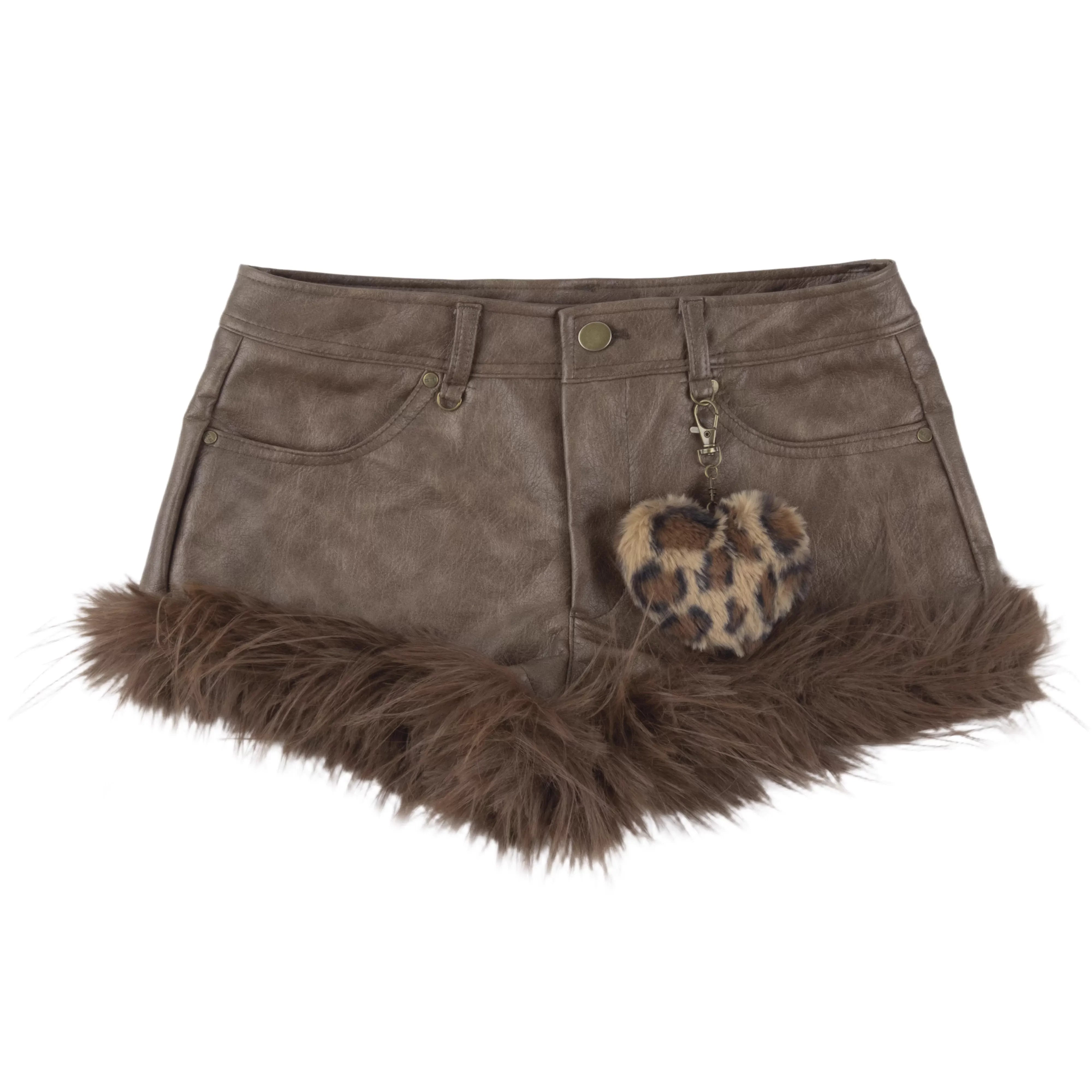 BIGGOLD STUDIO Off-Shoulder PU Leather Crop Top with Fur Trim and Lace-Up Waist