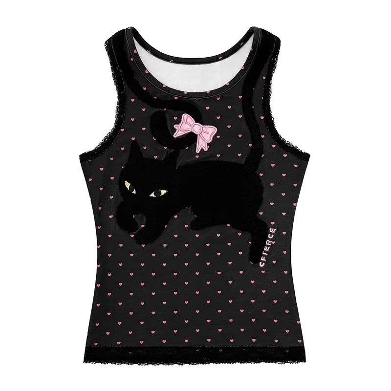 CFIERCE Black Cat Embroidered Heart Print Girls Tank Top