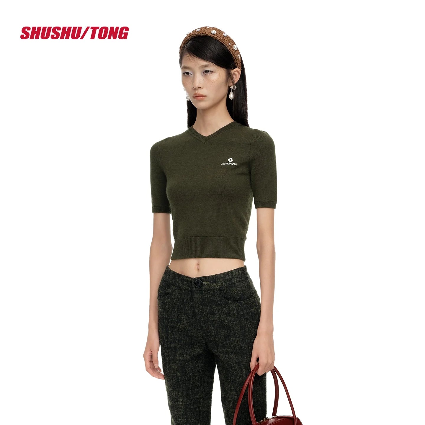 shushutong Women's V-Neck Short Sleeve Knit Top