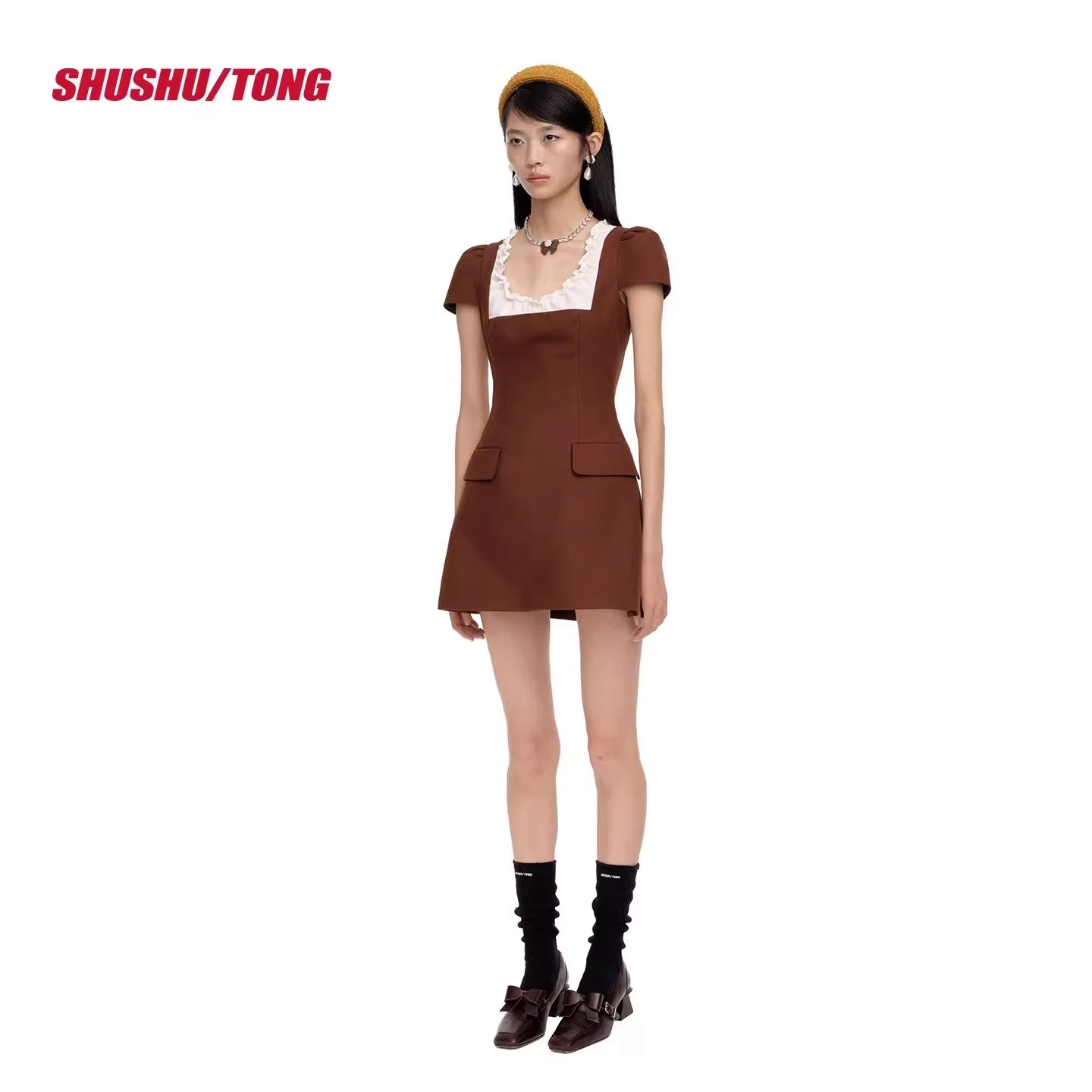 shushutong 2025 Winter Women's Ruffled Puff Sleeve Mini Dress