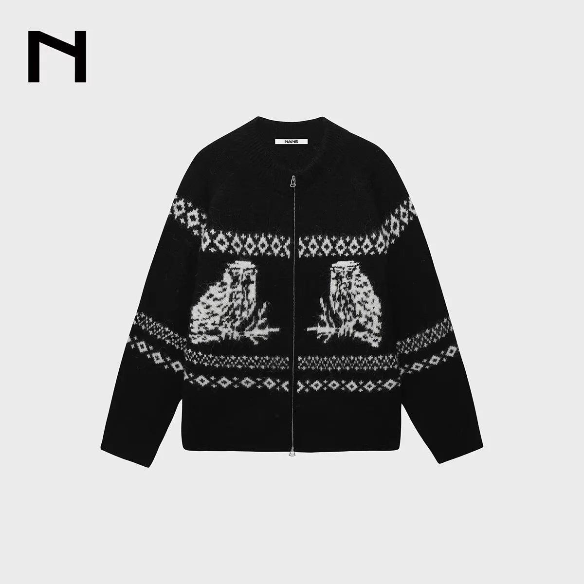 NANS Menswear Alpaca Wool Vintage Jacquard Zip Cardigan