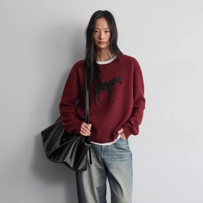 RandomPiece Wool Silk Blend Horse Pattern Knit Sweater