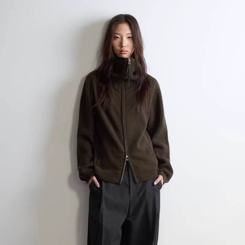 RandomPiece Extra Fine Wool Patchwork Zip Cardigan with Drape Collar