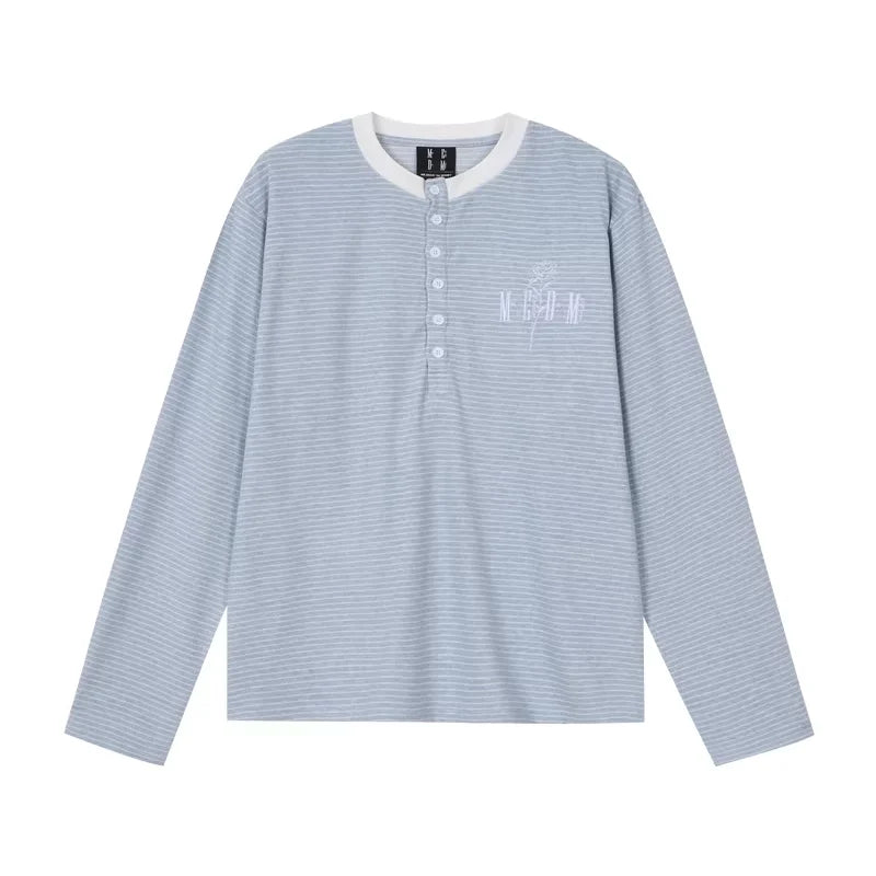 MEDM Unisex Striped Henley Collar Long Sleeve T-Shirt with Embroidery