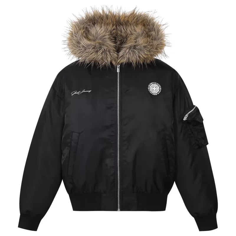 MEDM Men's Faux Fur Hooded Puffer Jacket with Silicone Patch