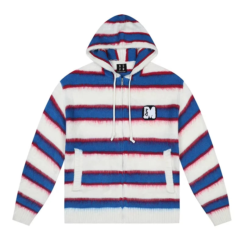 MEDM Unisex Tricolor Striped Fuzzy Knit Zip-Up Hoodie