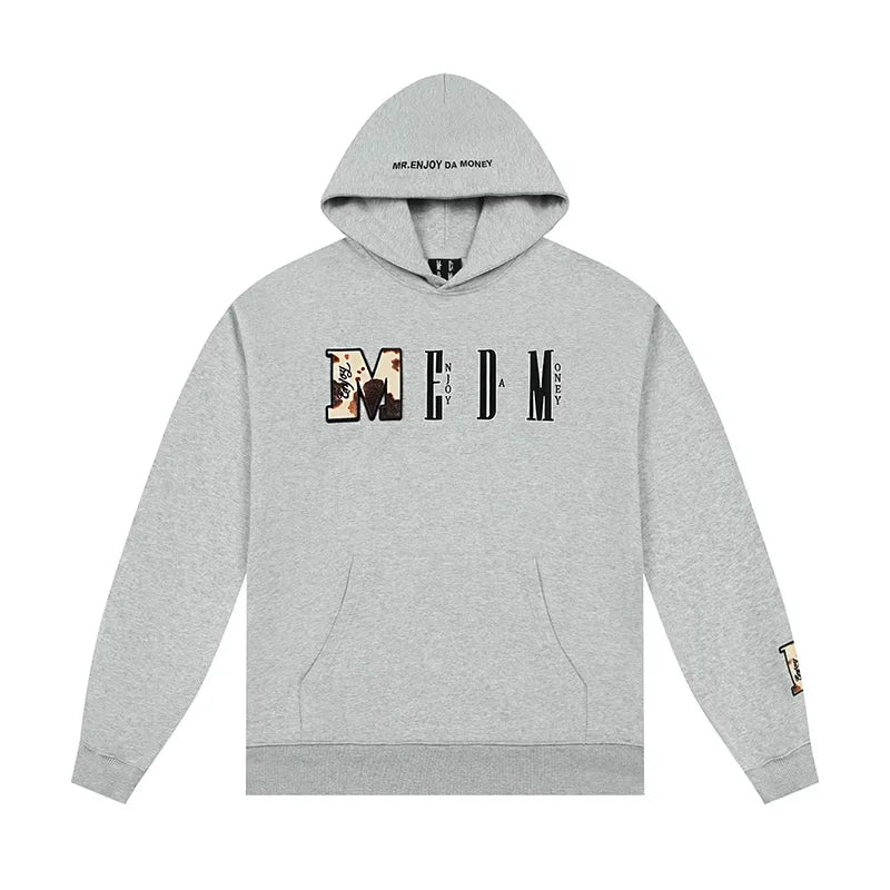 MEDM Men's Leopard Print Logo Velcro Hoodie - Loose Fit Casual Pullover