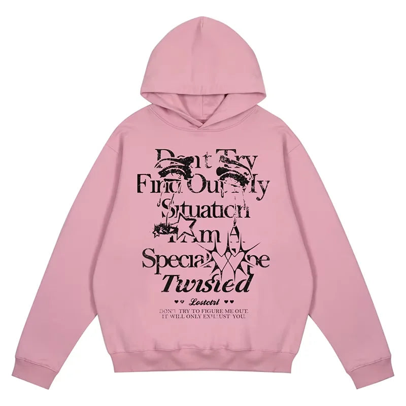 LOSTCTRL Dirty Pink Fleece-Lined Oversized Hoodie with Graphic Print