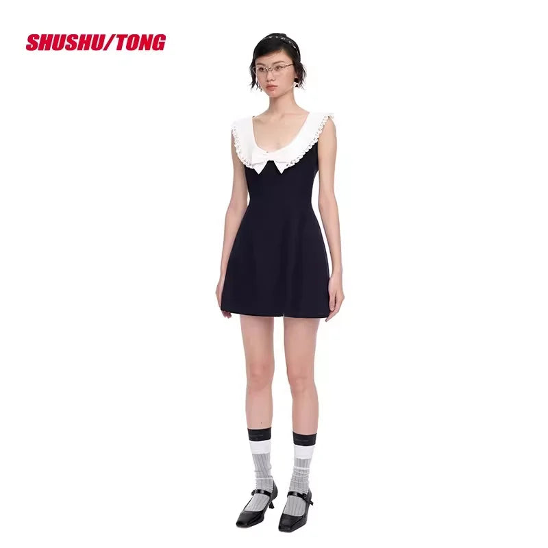shushutong Elegant Sleeveless A-Line Dress with Bow and Ruffled Collar