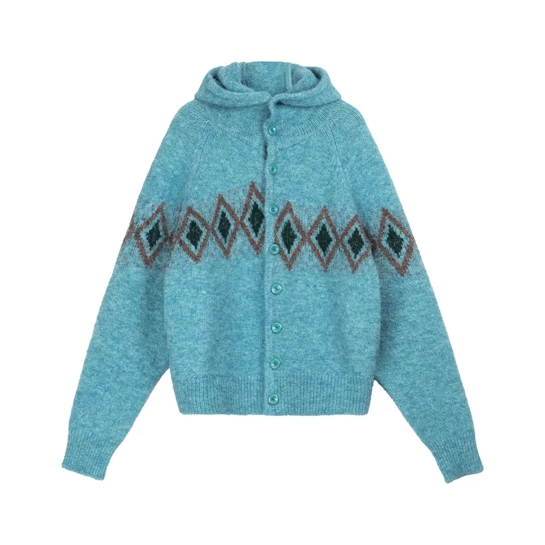 Simple Project Hooded Jacquard Sweater with Diamond Pattern