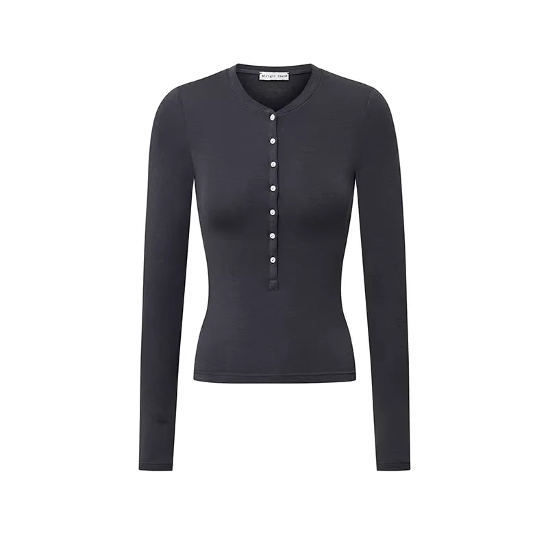 alright then Slim Wool Henley Long Sleeve Shirt with Shell Buttons