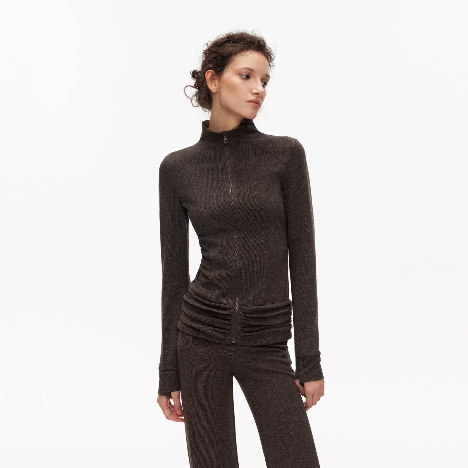 PUKI Slim Fit Ruched Stand Collar Sports and Lounge Set