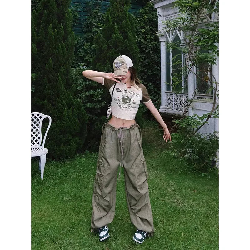 BeerBro Women's Green Parachute Cargo Pants with Drawstring Cuffs