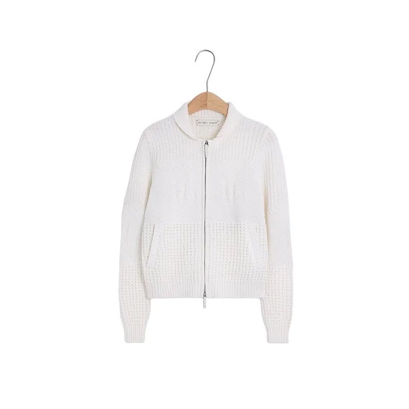 alright then Women's Chunky Knit Zip-Up Cardigan with Pineapple Stitch