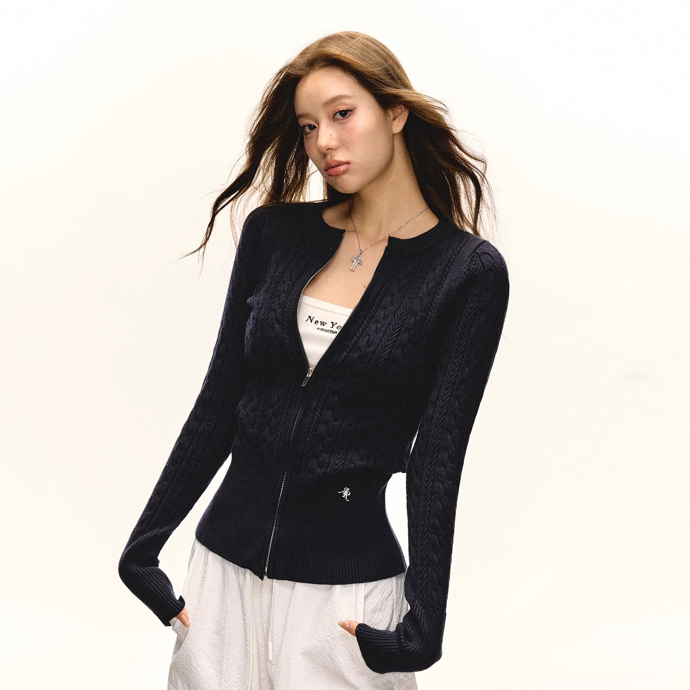 ARISEISM Women's Slim Fit Cable Knit Zip Cardigan
