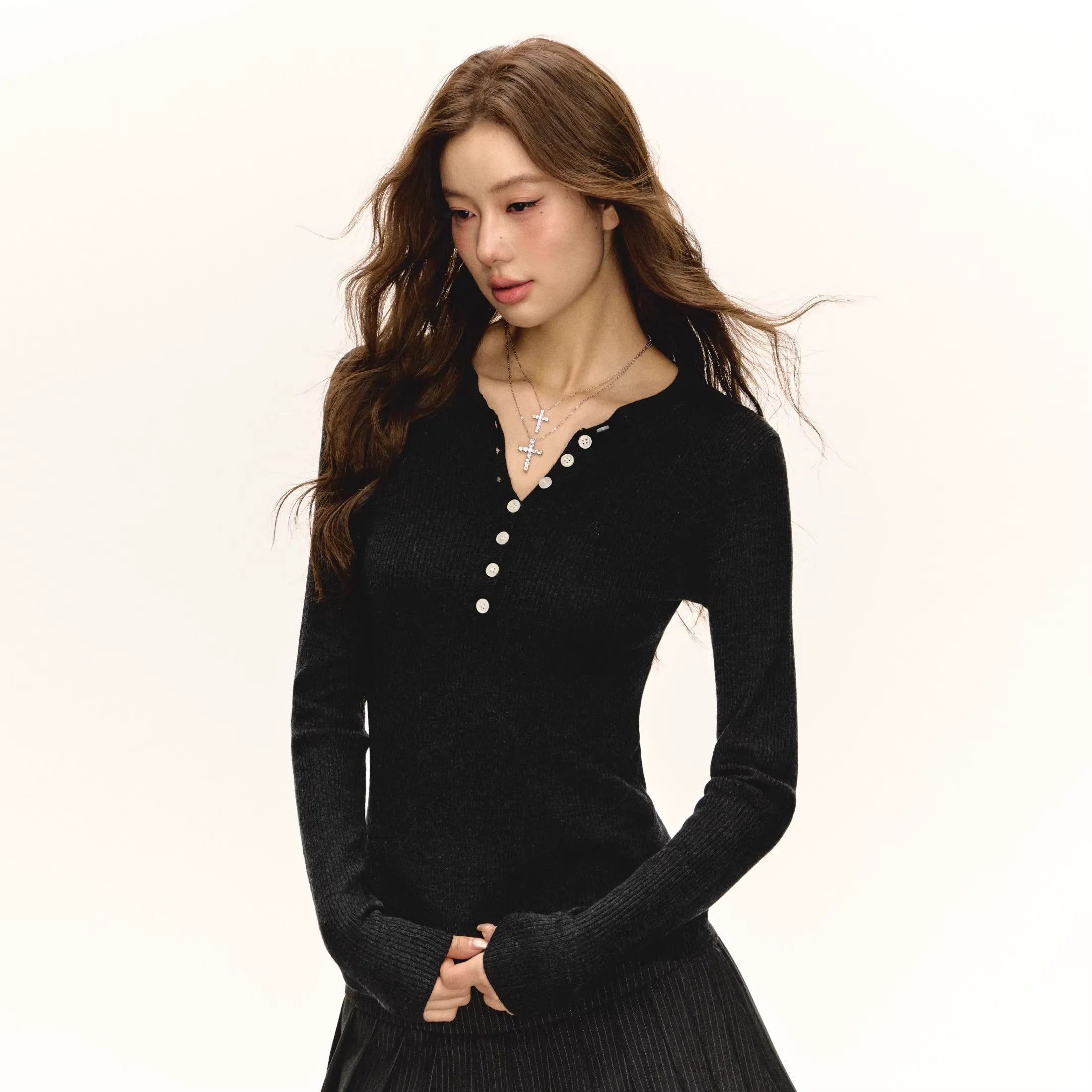 ARISEISM Women's Slim Fit Ribbed Henley Long Sleeve Knit Top - 4 Colors