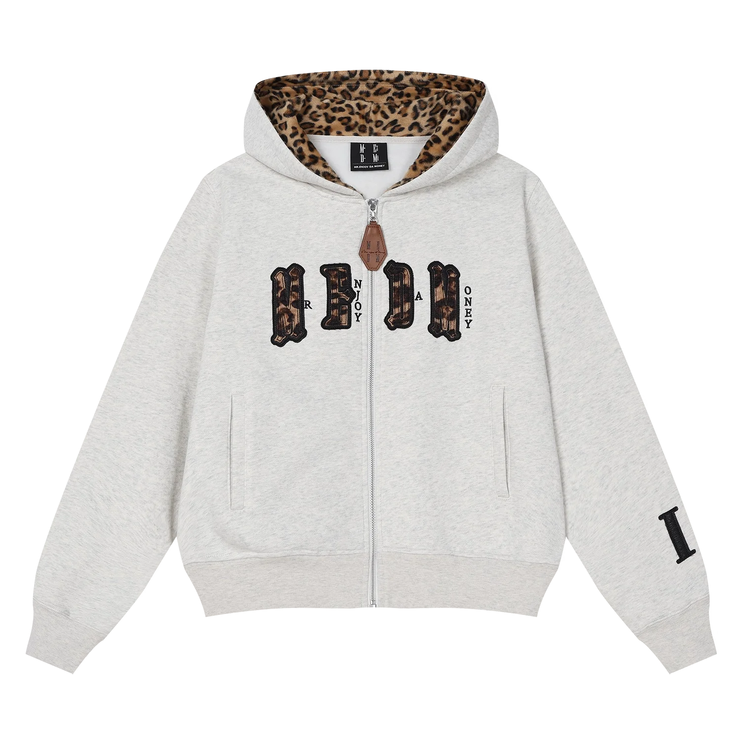 MEDM Leopard Print Zip-Up Hoodie with Hood Lining and Decorative Text
