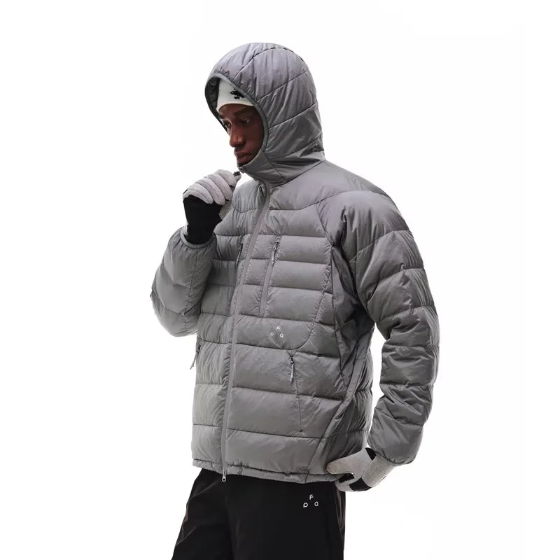 FPA Men's Lightweight Hooded Down Jacket with Double Zipper and Ribbed Structure