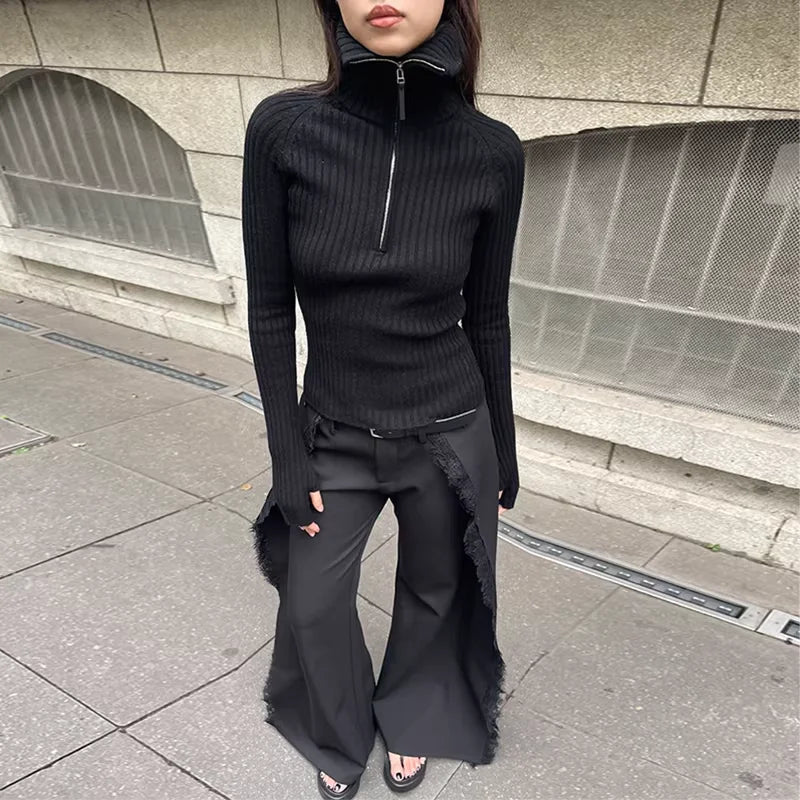 RARELY ALIKE Women's Half-Zip Wool Ribbed Knit Turtleneck Sweater