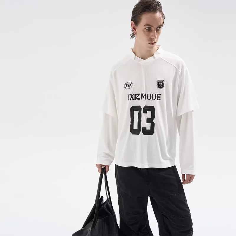 BLINDNOPLAN Men's Vintage Striped Fake Two-Piece Long Sleeve Jersey T-Shirt