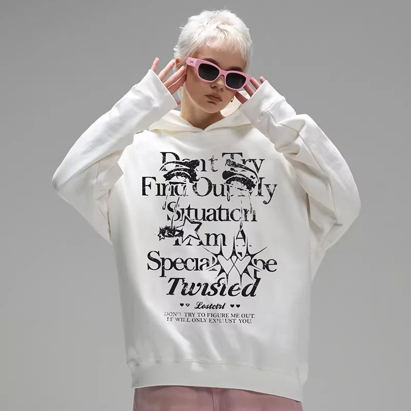 LOSTCTRL Dirty Pink Fleece-Lined Oversized Hoodie with Graphic Print