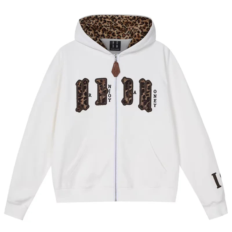 MEDM Leopard Print Zip-Up Hoodie with Hood Lining and Decorative Text