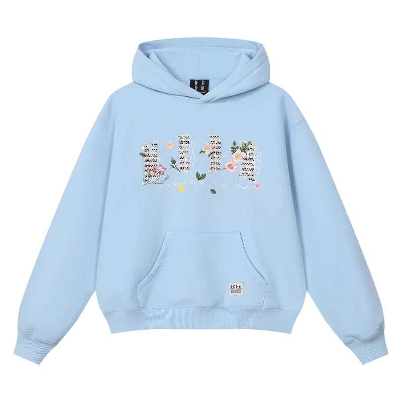 MEDM Floral Embroidered Loose Fit Hoodie with Kangaroo Pocket