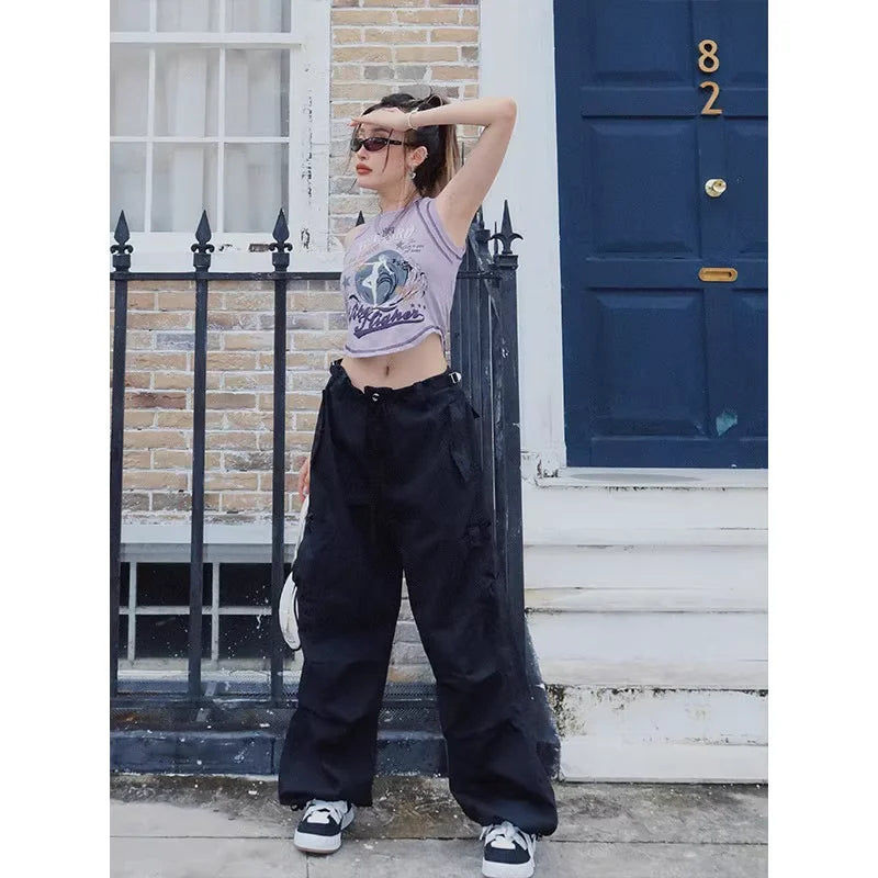 BeerBro Women's Green Parachute Cargo Pants with Drawstring Cuffs