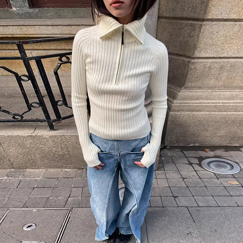 RARELY ALIKE Women's Half-Zip Wool Ribbed Knit Turtleneck Sweater