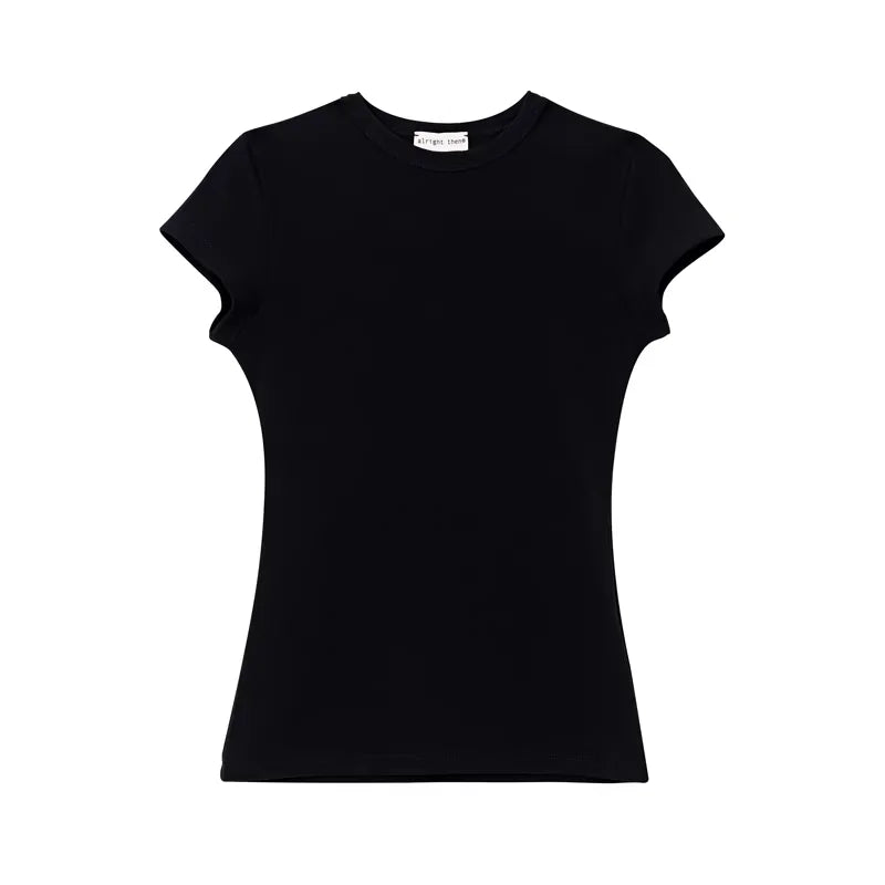 alright then Women's Slim Fit Crew Neck Short Sleeve Top with Structured Shoulders