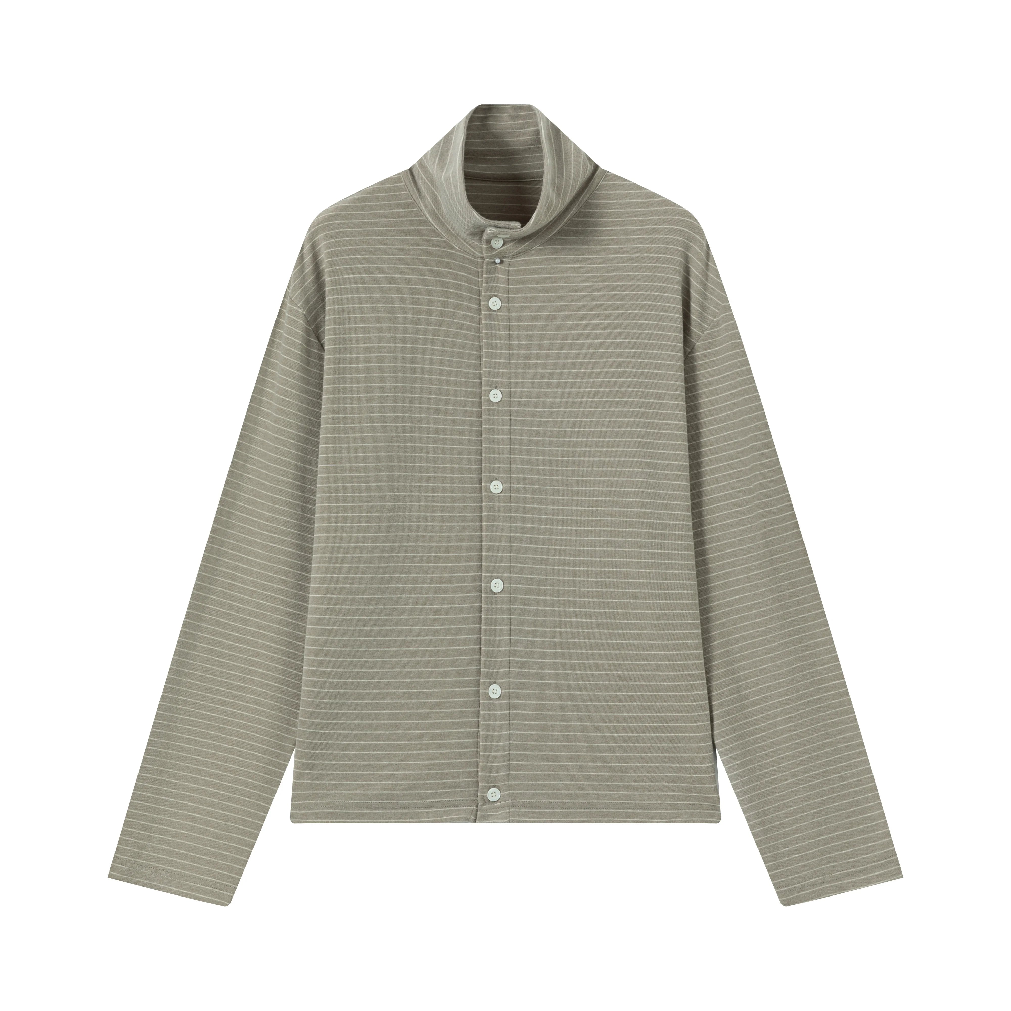 VLABMADE Men's Striped Wool Tencel Button-Up Turtleneck Cardigan