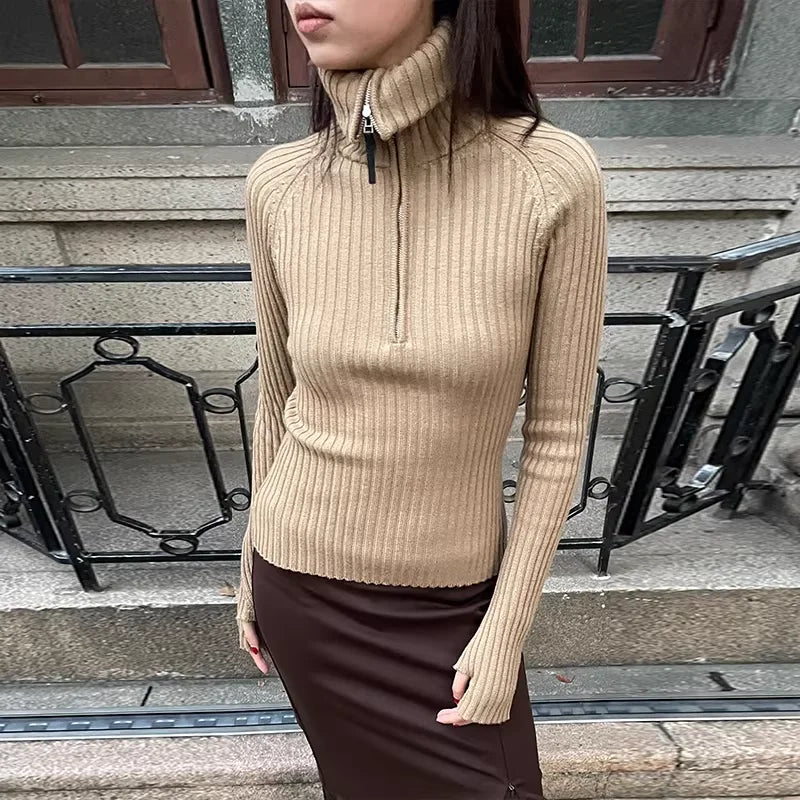 RARELY ALIKE Women's Half-Zip Wool Ribbed Knit Turtleneck Sweater