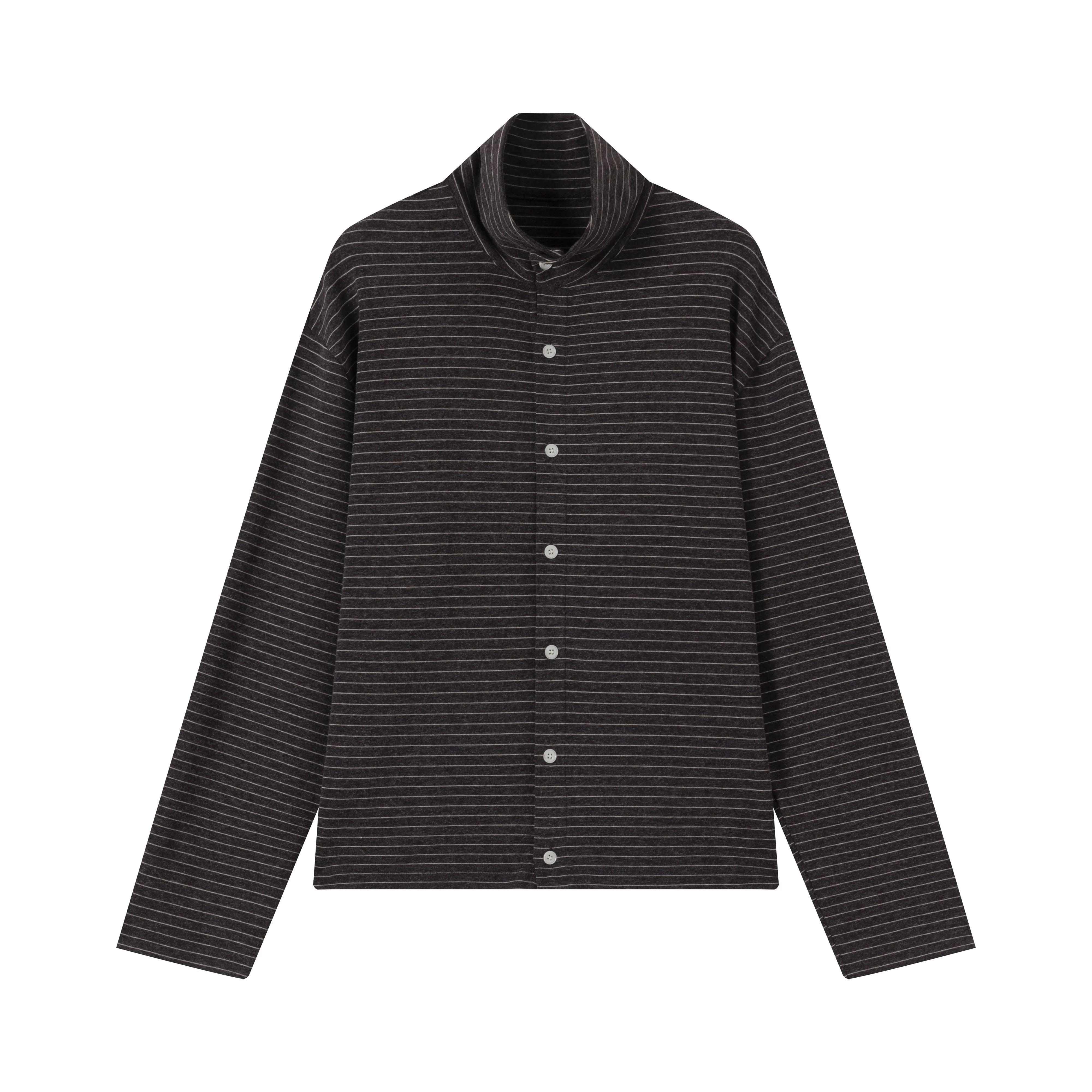 VLABMADE Men's Striped Wool Tencel Button-Up Turtleneck Cardigan