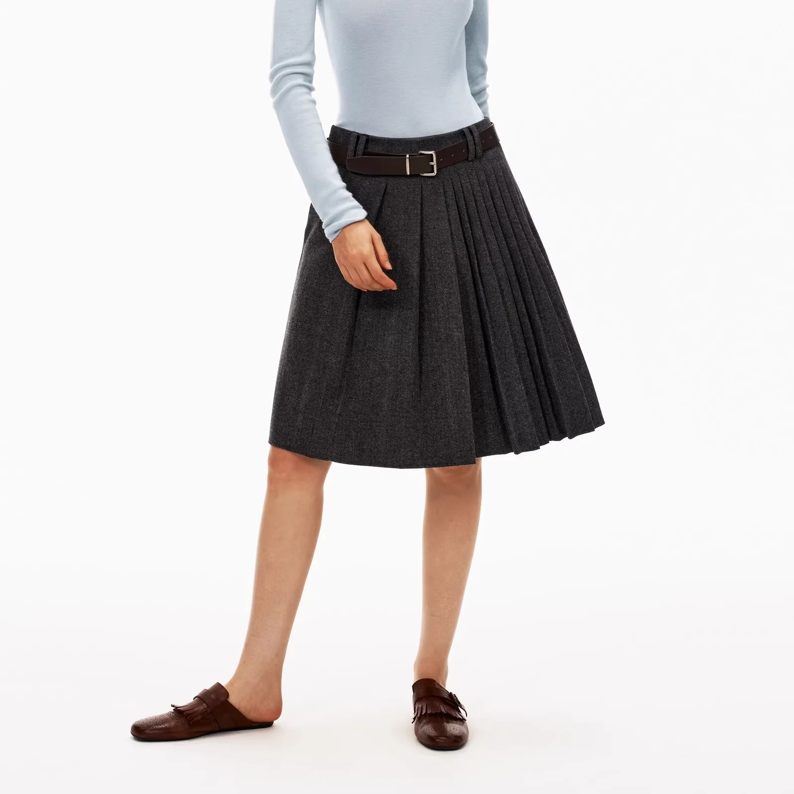 PUKI Vintage Herringbone Wool Pleated Skirt