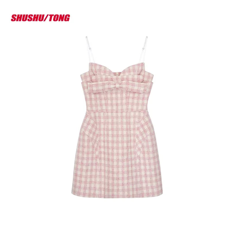 shushutong Elegant Gingham Double Bow Spaghetti Strap Dress