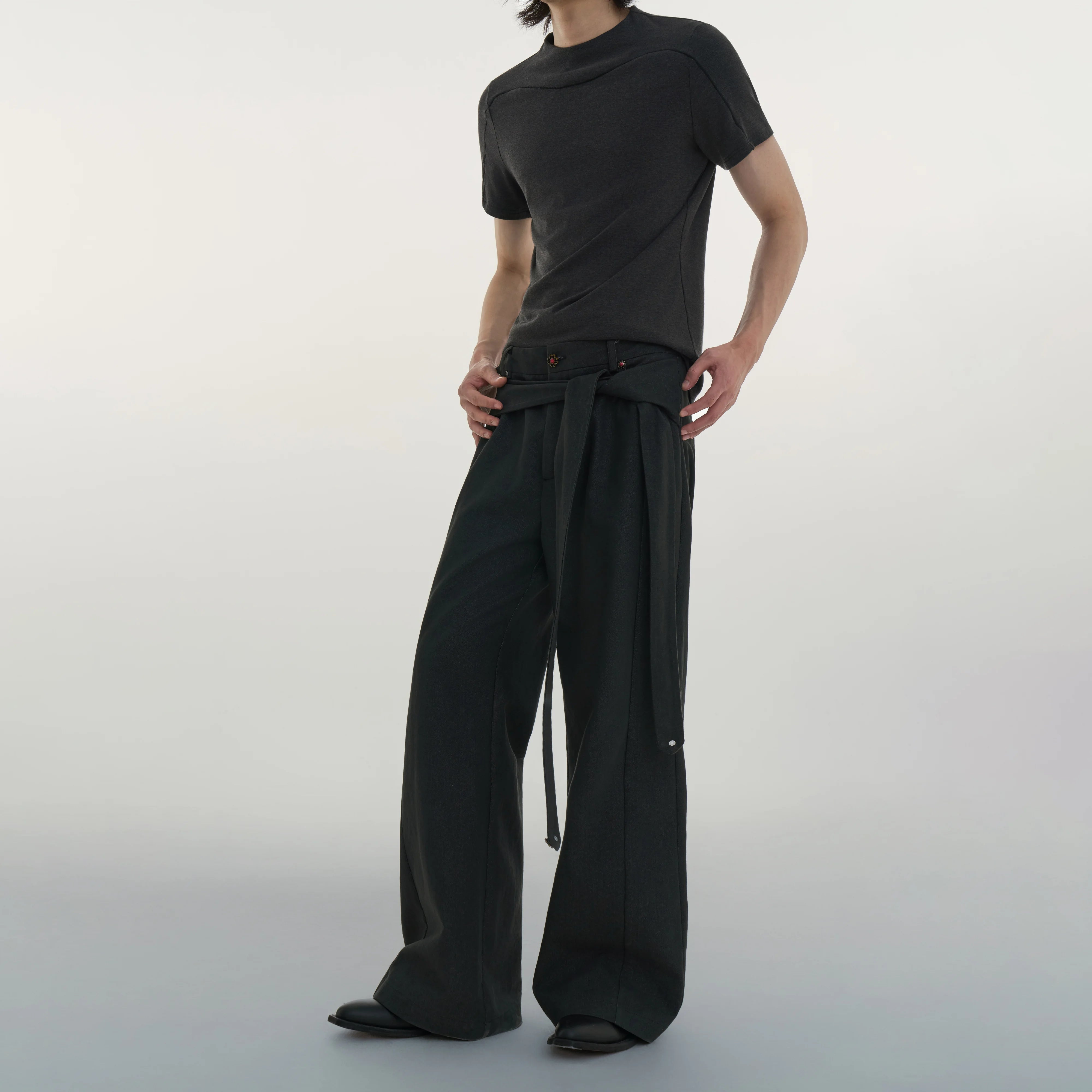 Y OFFICIAL Strap-Detail Flared Faux Denim Trousers