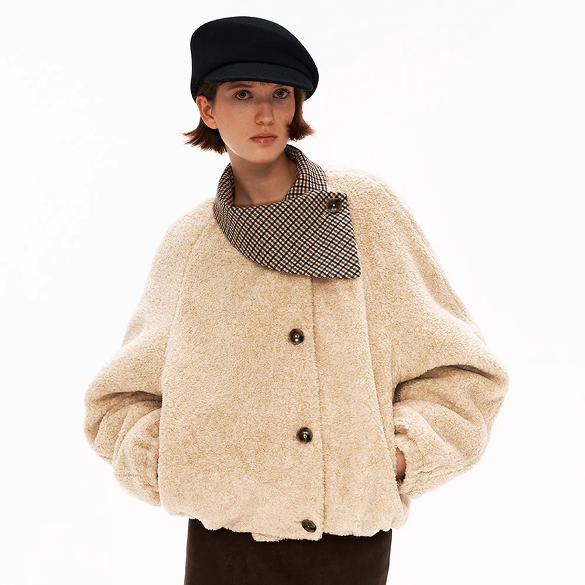 PUKI Vintage Asymmetric Plaid Lapel Oversized Fleece Jacket