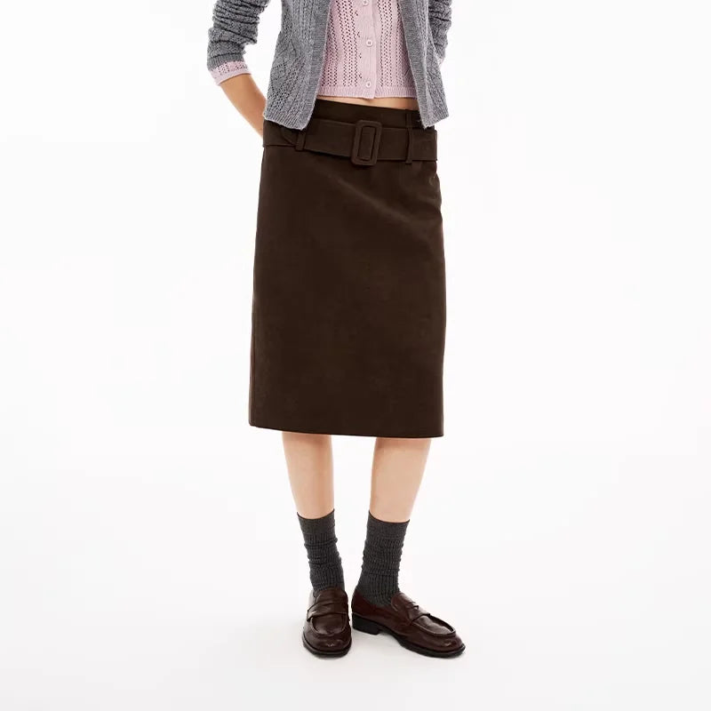 PUKI Women's Vintage Suede Midi Skirt with Belt