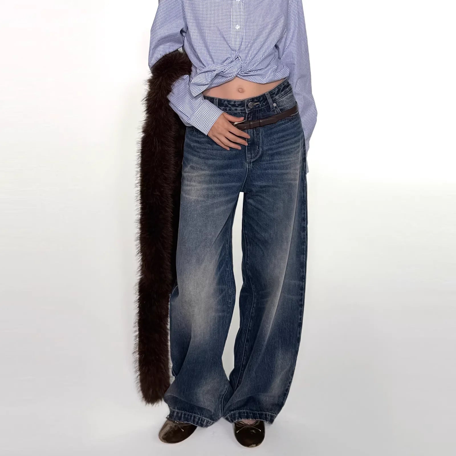 PUKI Vintage Washed Wide-Leg High-Waisted Denim Jeans with Pearl Stud Detail