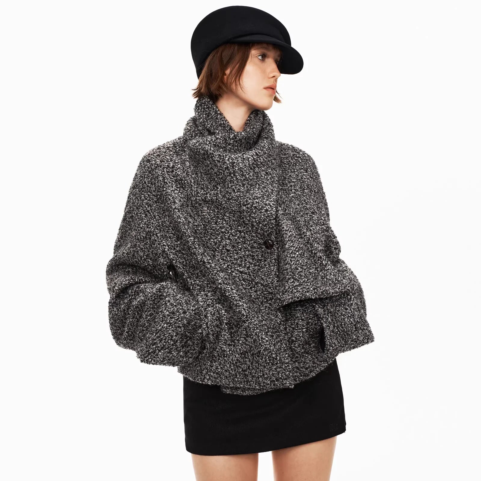 PUKI 35% Wool Tweed Asymmetrical Winter Coat with Scarf Collar