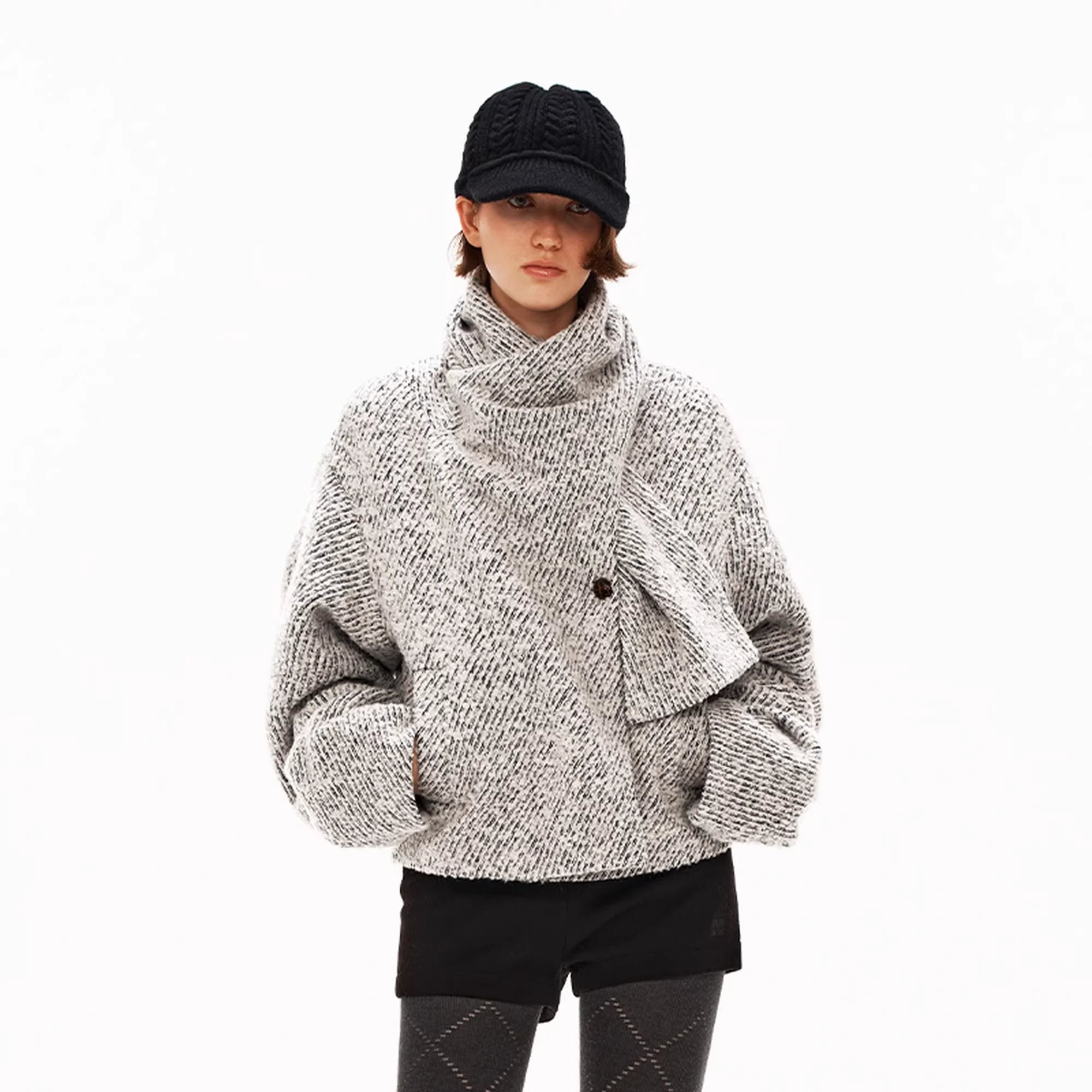 PUKI Wool Tweed Asymmetrical Short Coat with Scarf Collar