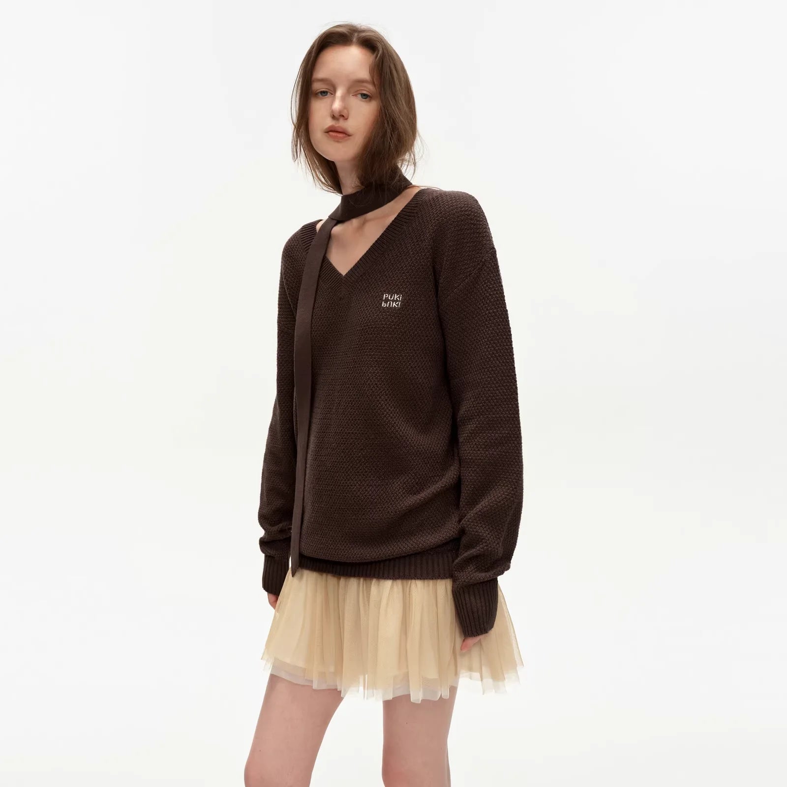 PUKI Two-Piece V-Neck Knit Sweater and Pleated Tulle Mini Skirt