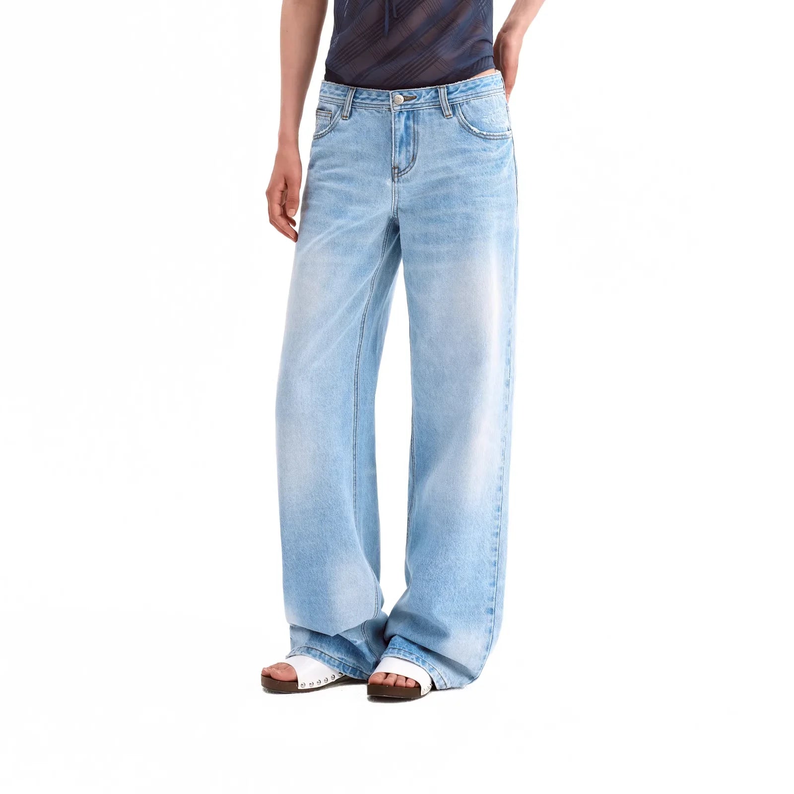 PUKI Vintage Light Blue Wide-Leg Cotton Jeans